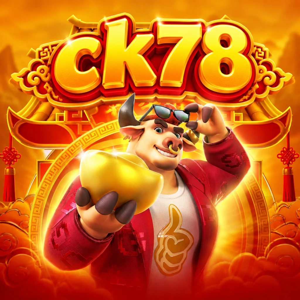 Logo ck78 dengan karakter banteng berkacamata memegang sebongkah emas pada Fortune Ox