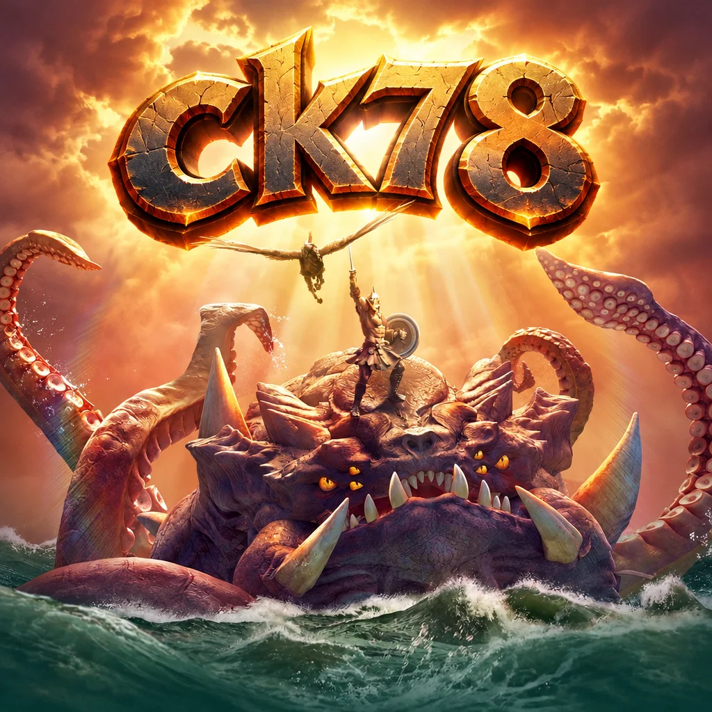 Logo ck78 dengan ilustrasi prajurit Perseus melawan monster kraken di laut